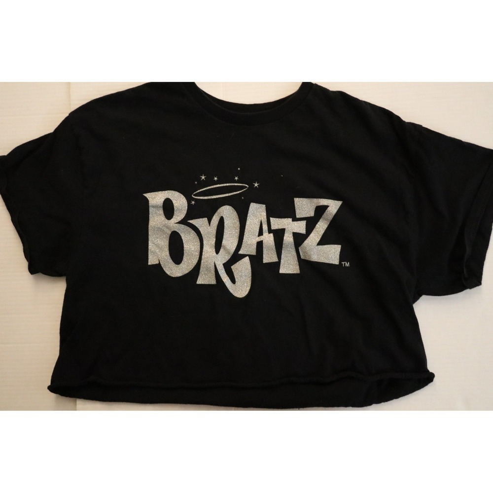 Bratz Graphic Crop Top Black Silver Glitter Logo Y2K Cotton Tee XL